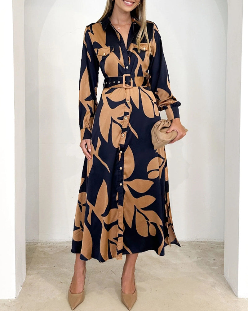 Elegant leaf print long sleeve lapel dress