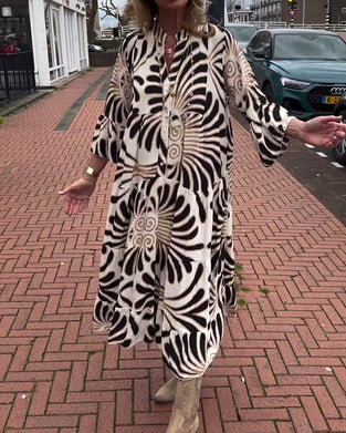 Printed  V neck Flare Sleeve  dress