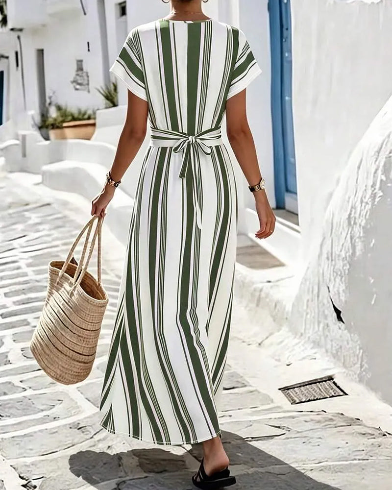 Cross V-Neck Stripe Wrap Long Dress