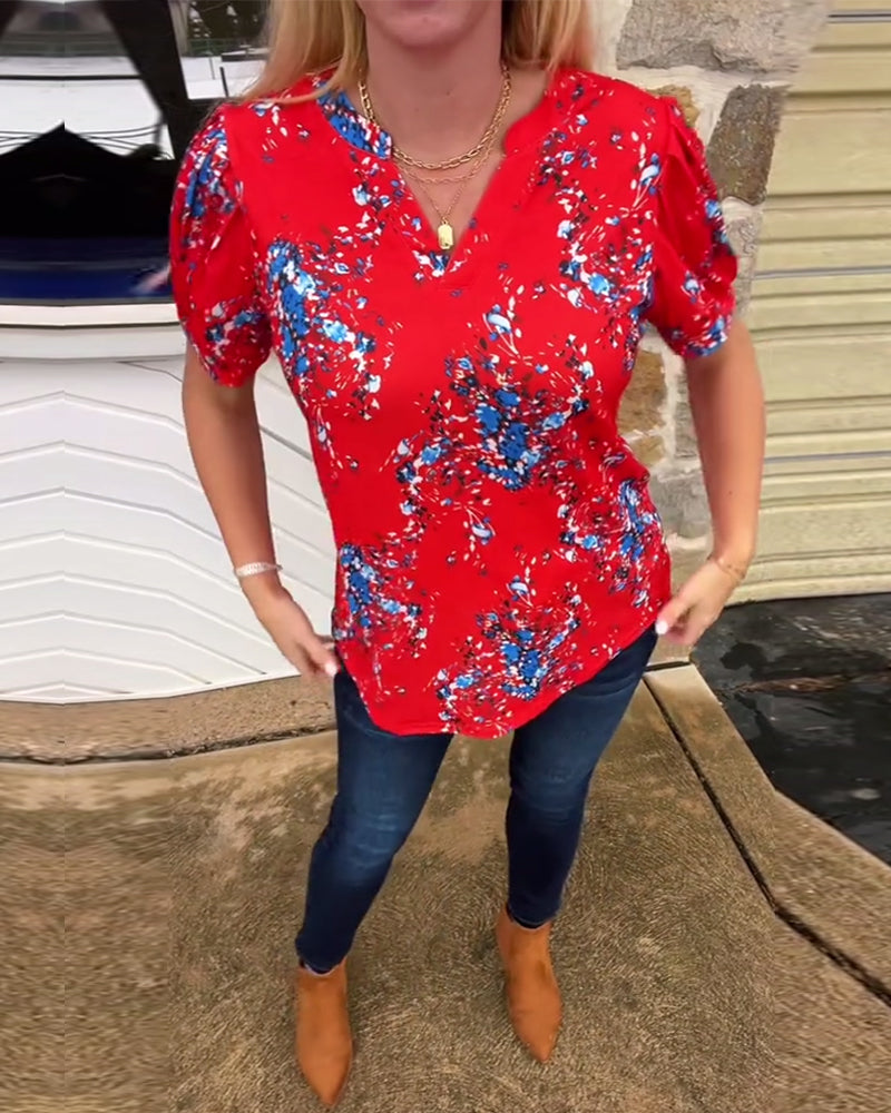 V-Neck Floral Print Short-Sleeved T-Shirt