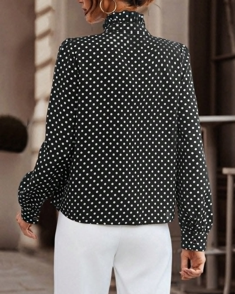 High-Neck Polka-Dot Ruffled Blouse