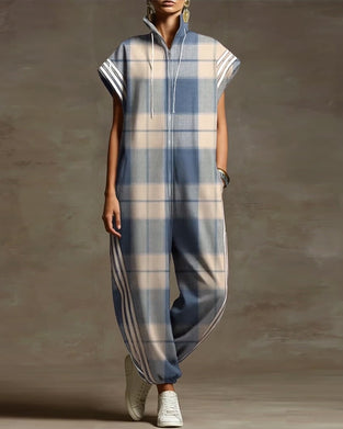 Plaid Stand Collar Zipper Loose Jumpsuit