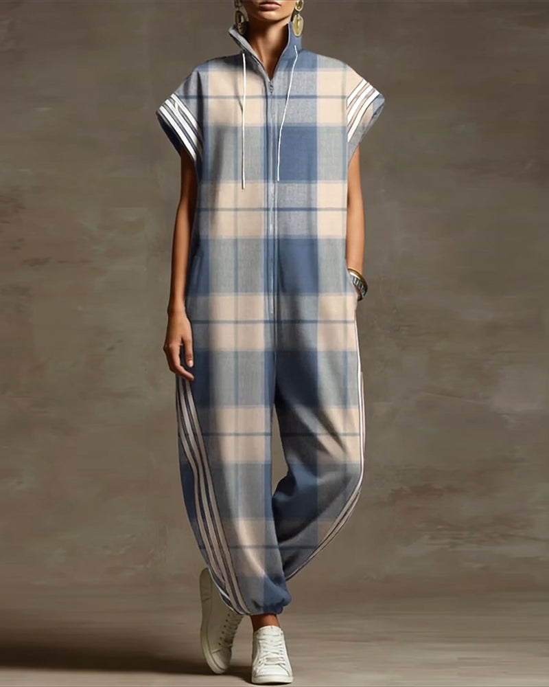 Plaid Stand Collar Zipper Loose Jumpsuit