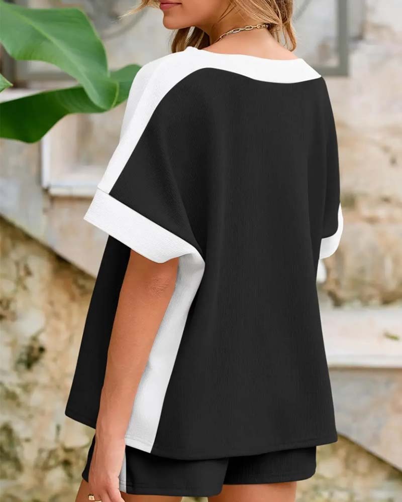 Color Block Short Sleeve Shorts Casual Set