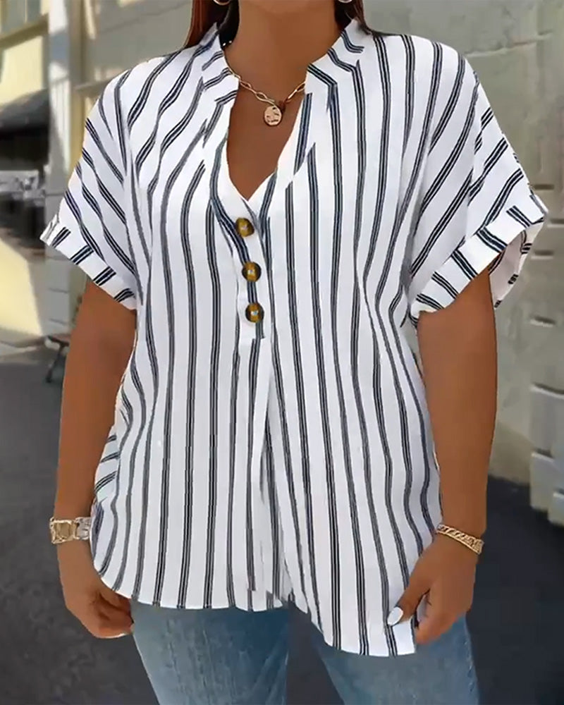 Button-Down V-Neck Striped Blouse