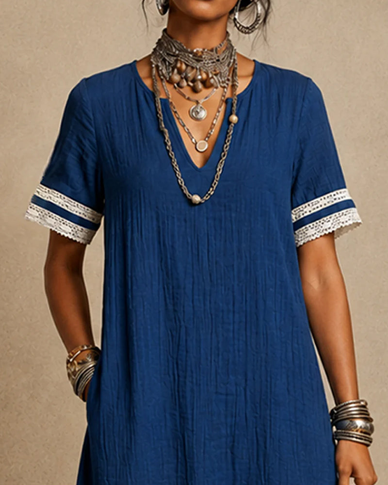 V-Neck Patchwork Straight Dress