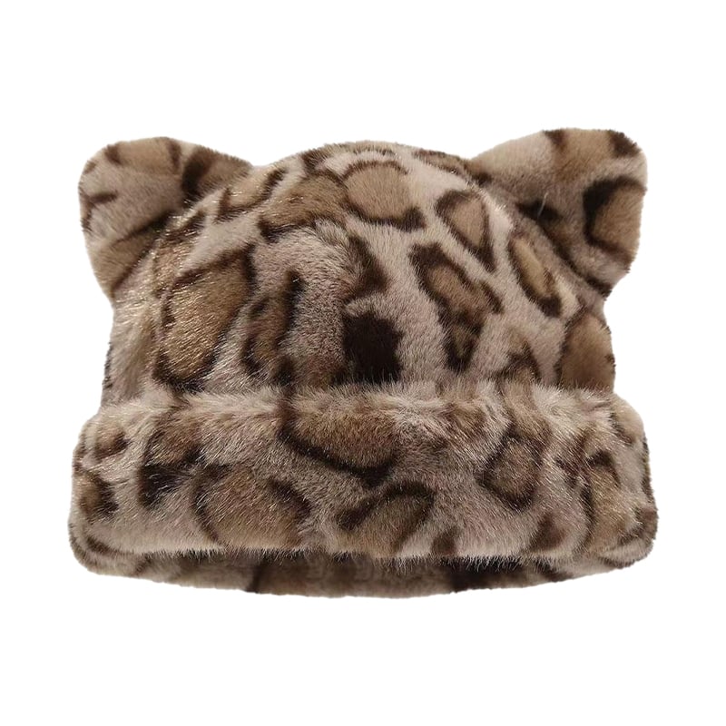 Leopard Print Plush Cat Ear Hat