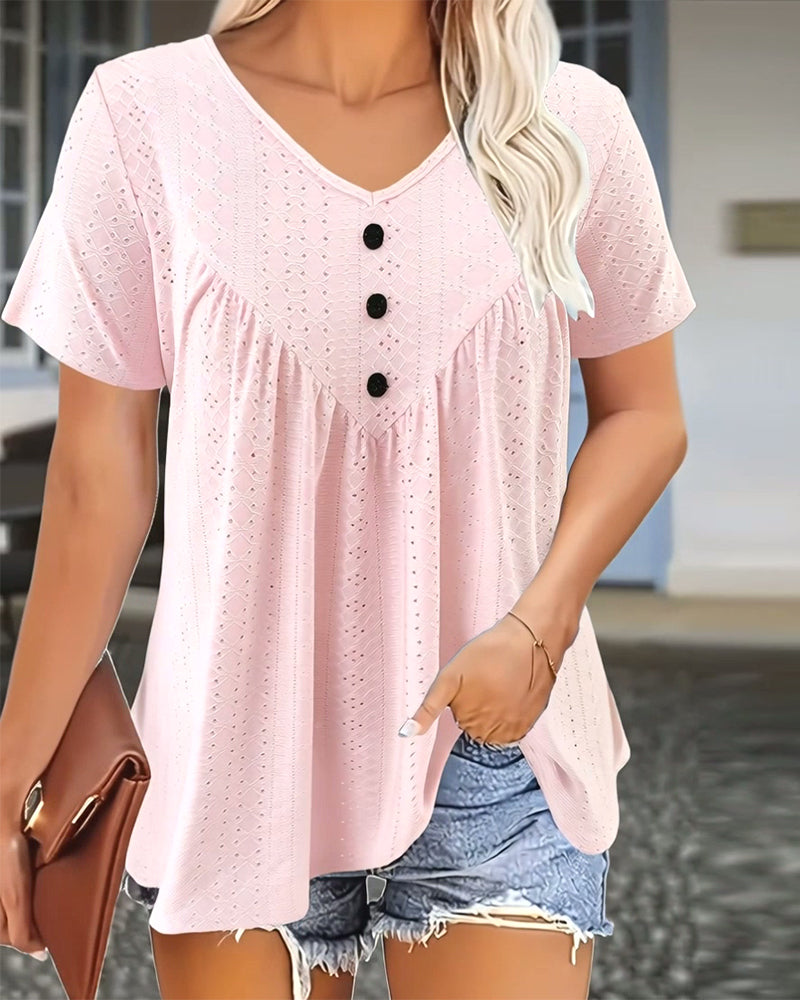 Casual Hollowed-Out V-Neck Short-Sleeve T-shirt