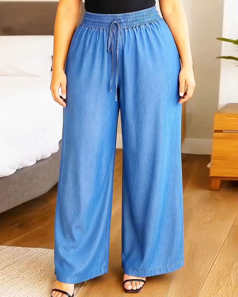 Elastic Waist Drawstring Solid Wide Leg Long Pant