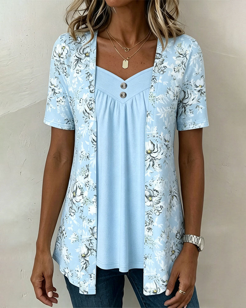 Floral Print Faux Two-Piece T-Shirt