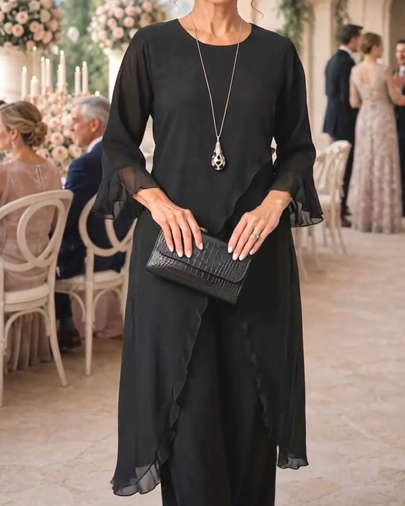 Crew Neck Ruffle Slit Long Blouse