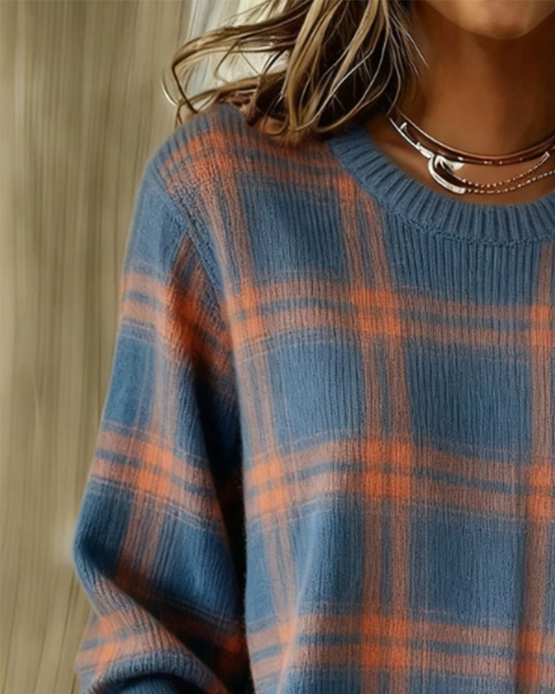 Long Sleeve Plaid Round Neck Sweater