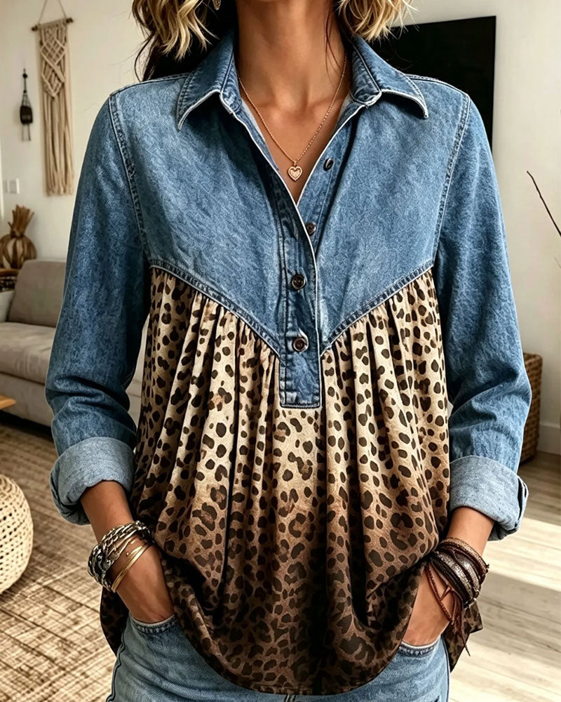 Denim Leopard Print Patchwork Lapel Top