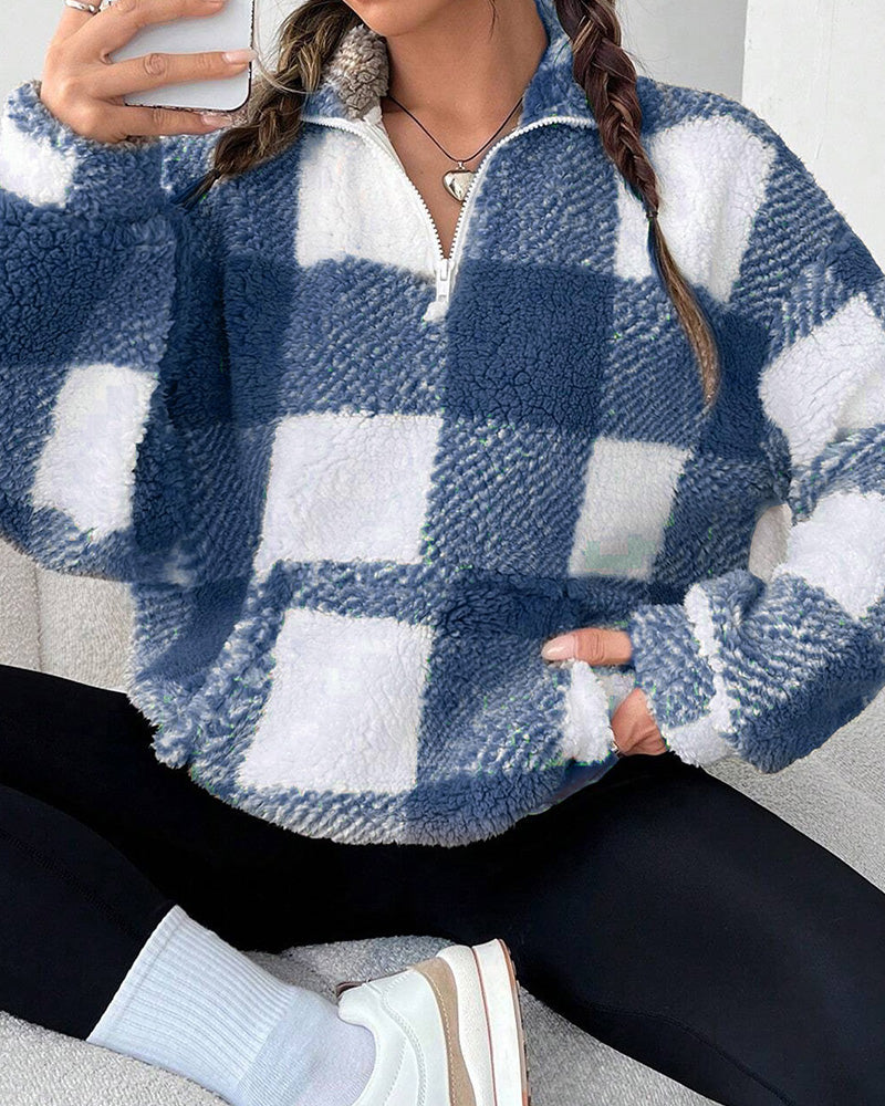Half-Zip Stand Collar Plaid Sweatshirt