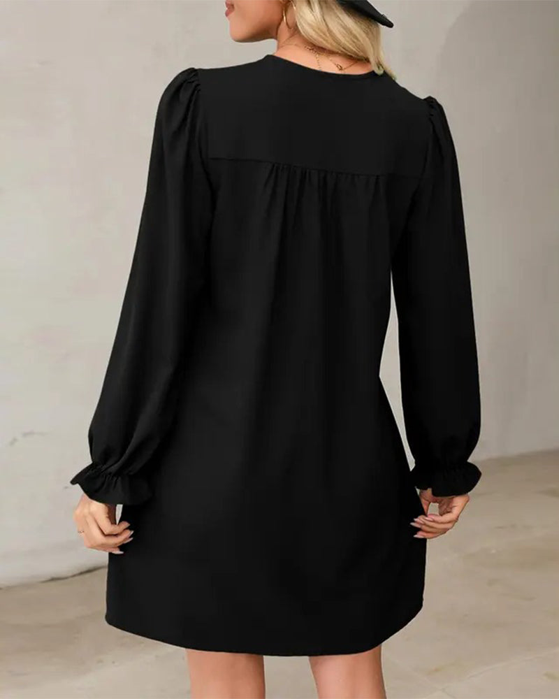 Pleated V-Neck Long Sleeve Dress