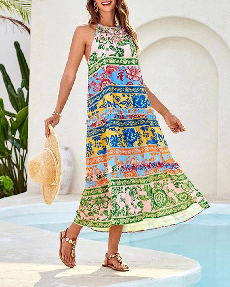 Printed Contrast Color Sleeveless Dress