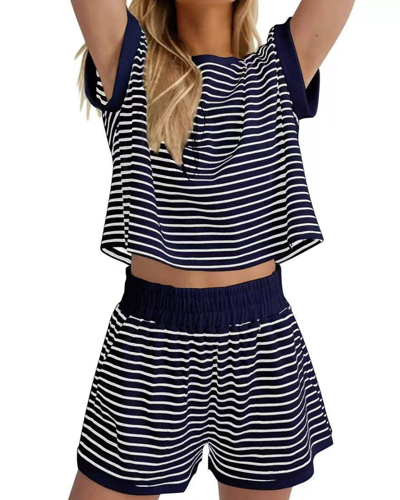 Striped Short-Sleeved Elastic Waist Sets