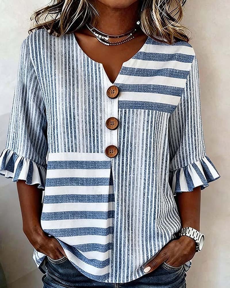 Striped Ruffle Sleeve Blouse