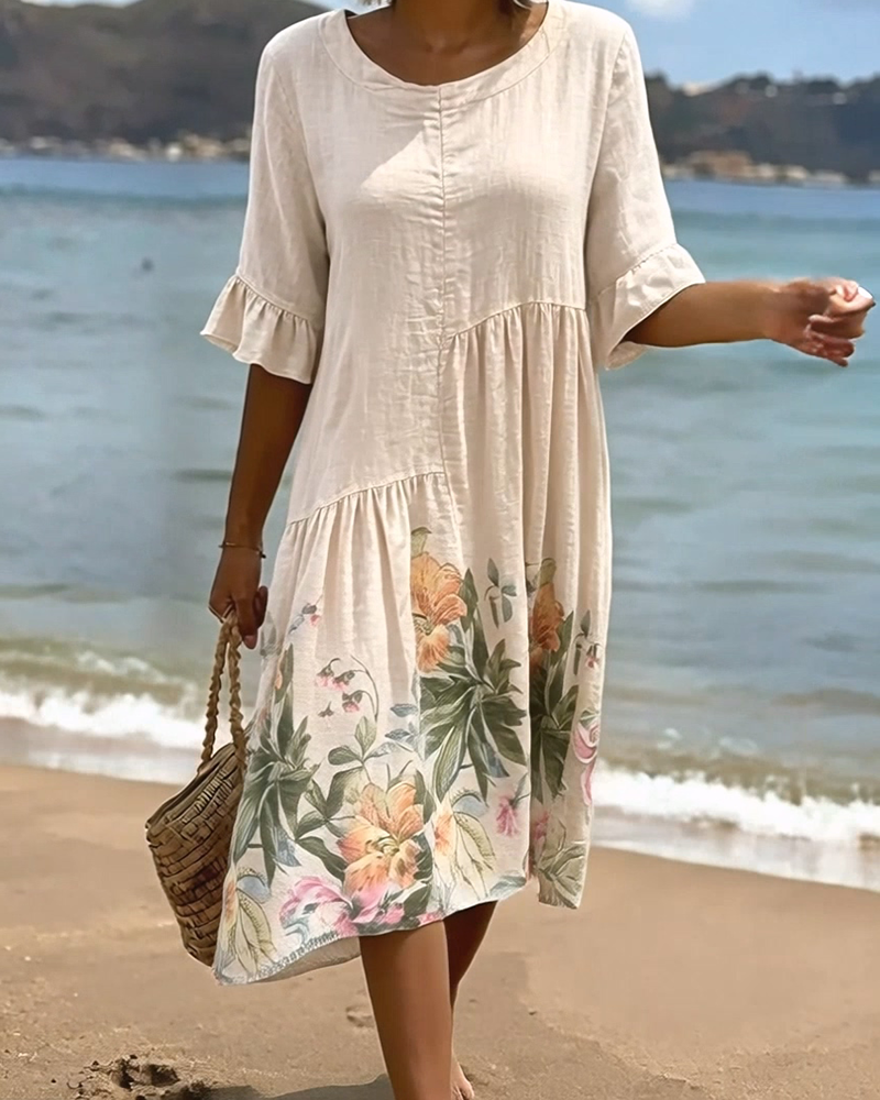 Ruffled Sleeve Printed Dress