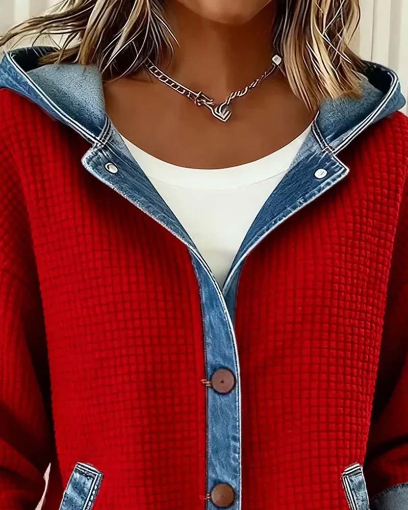 Hooded Button Denim Patchwork Coat