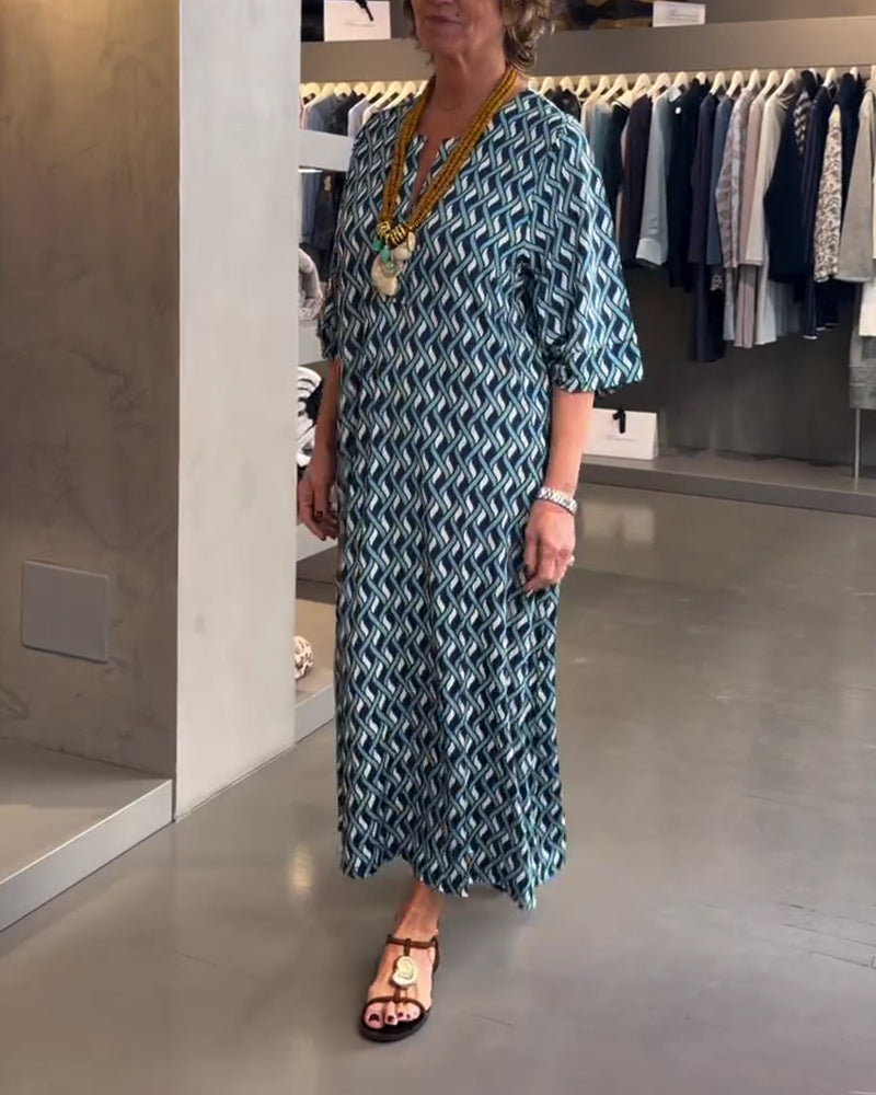 V-Neck Diamond Pattern Straight Relaxed Dress