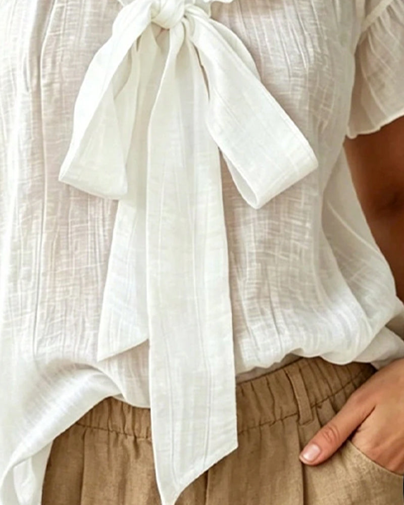 Tie-Up Ruffled Short-Sleeve Blouse