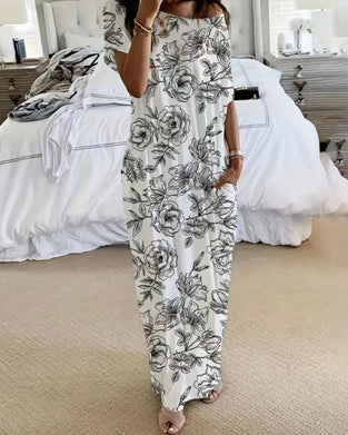 Off-Shoulder Floral Pocket Full-Skirt Dress