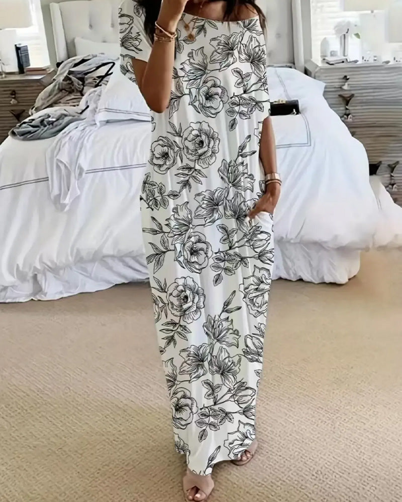 Off-Shoulder Floral Pocket Full-Skirt Dress