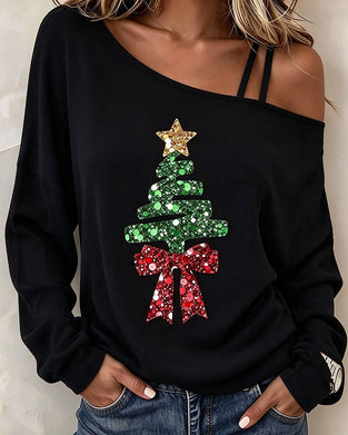 Asymmetric Strap Christmas Tree Cold Shoulder Top