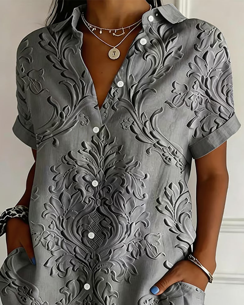Lapel Embossed Short Sleeve Shirt