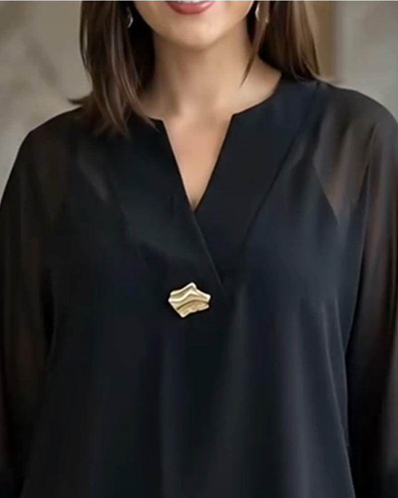 V-Neck See-Through Gauze Loose Blouse