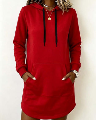Solid Color Curved Hem Hooded Sweatshirt Dress
