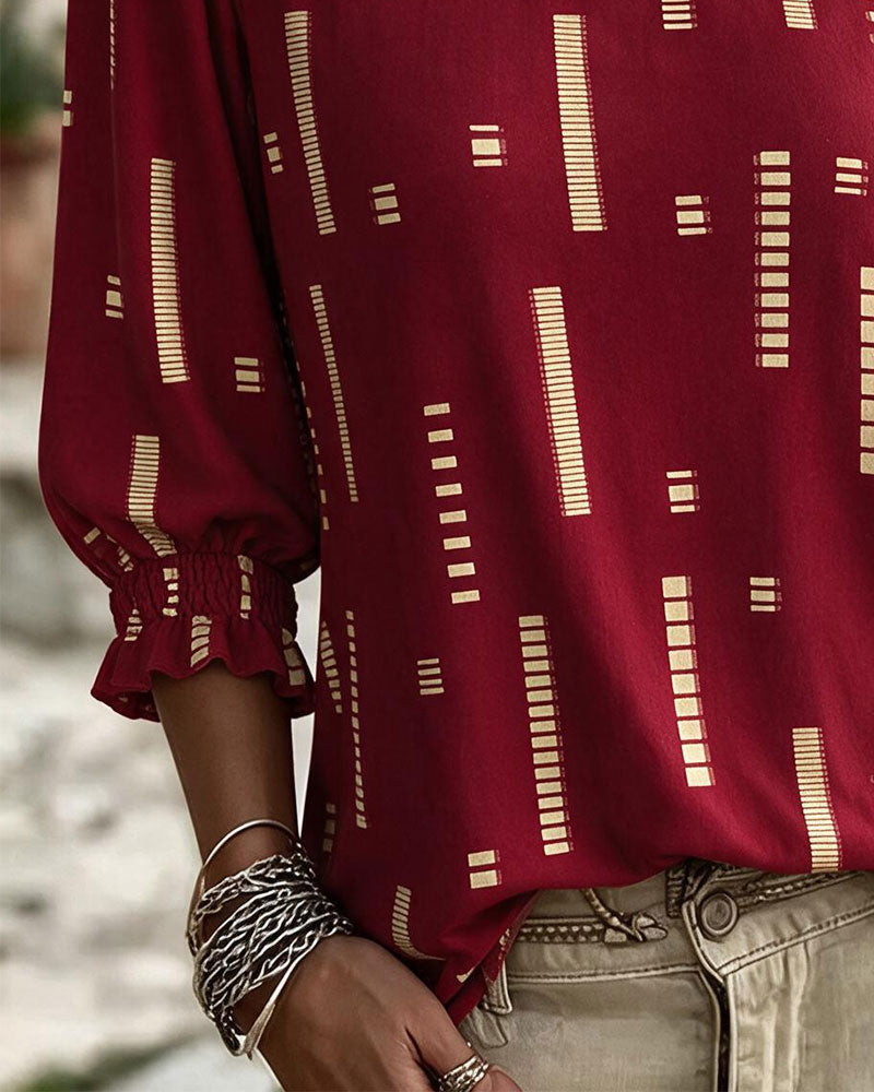 Geometric Print Three-Quarter Puff Sleeve Top