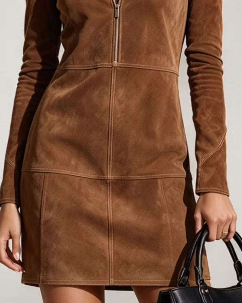 Lapel Zipper Long Sleeve Dress