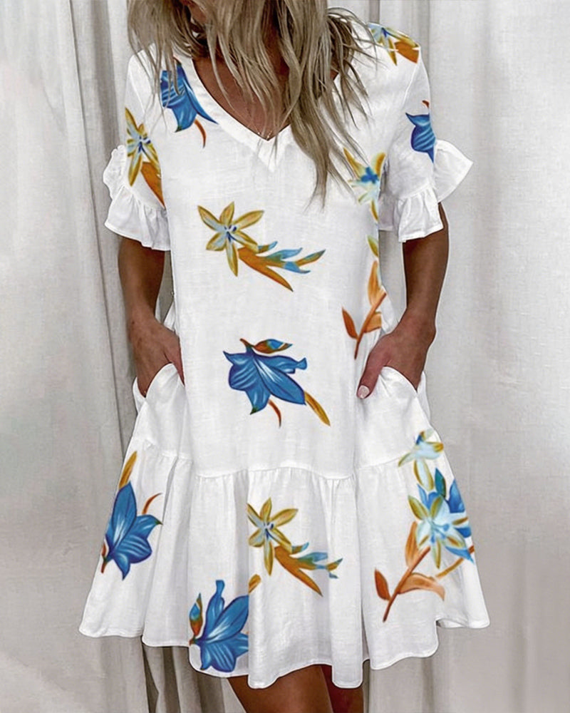 Floral Print Ruffle Short Sleeve Dress