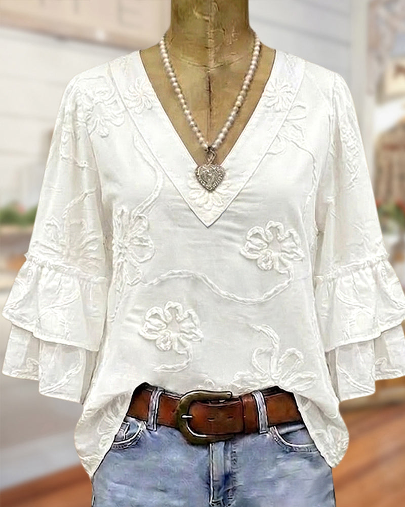 Three-Dimensional Embossed Floral V-Neck Flared Sleeve Blouse