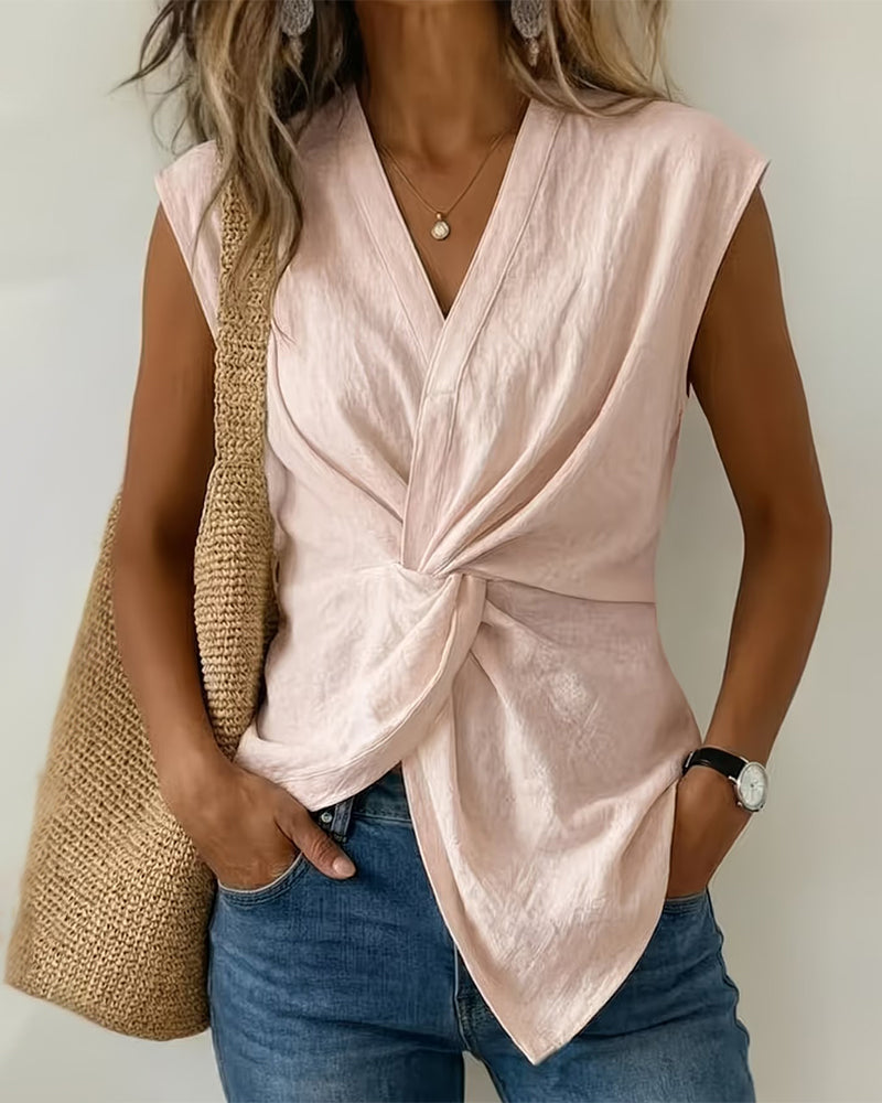 Knotted V-Neck Sleeveless Blouse