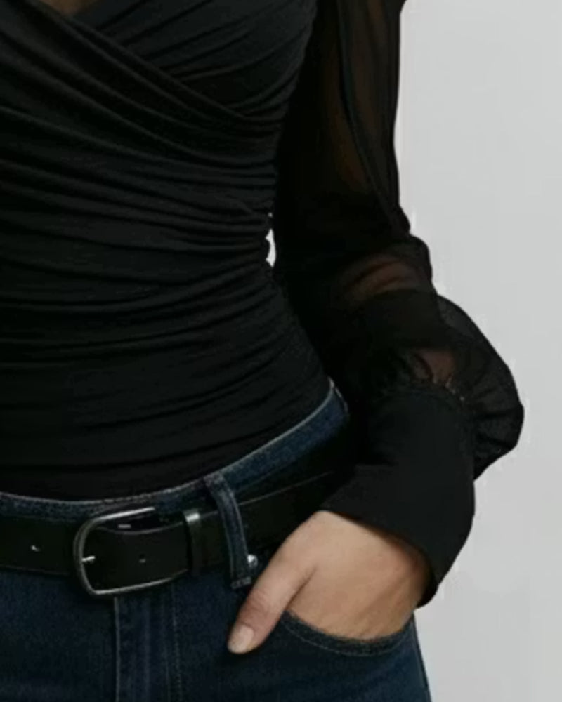 High Neck Cold Shoulder Cross Shirred Top