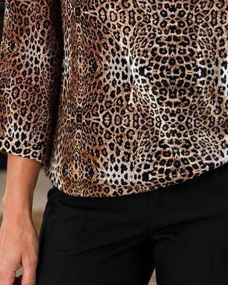 V-Neck Leopard Print Three-Quarter Sleeve Top