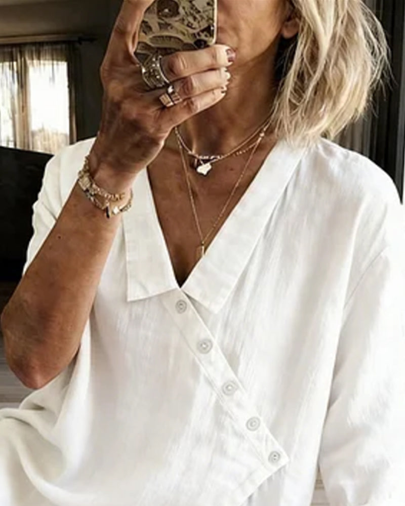 Asymmetrical Diagonal-Placket Collared Blouse