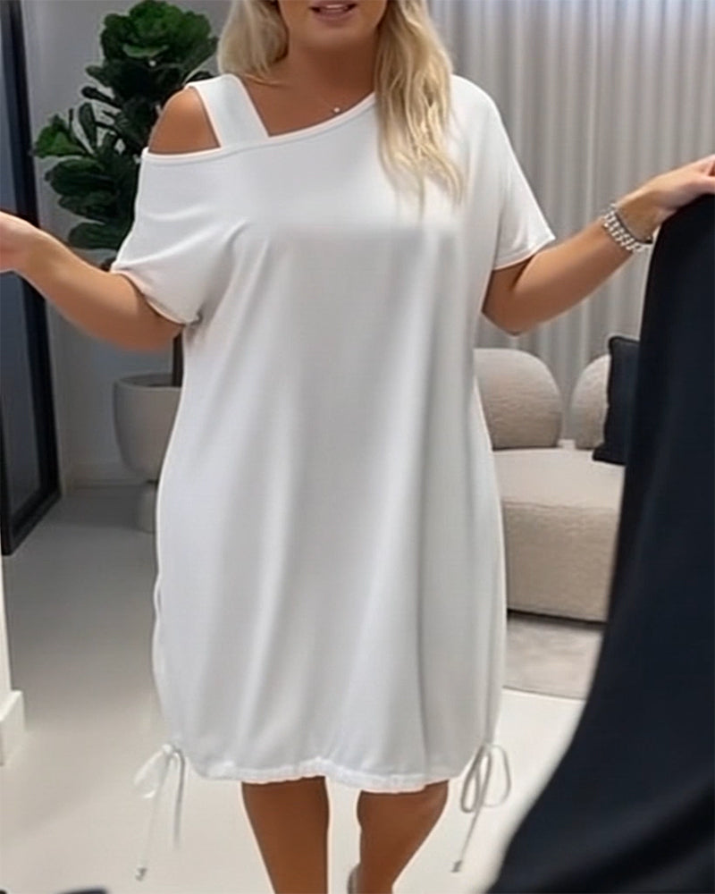 Solid Color Off-Shoulder Drawstring Casual Dress