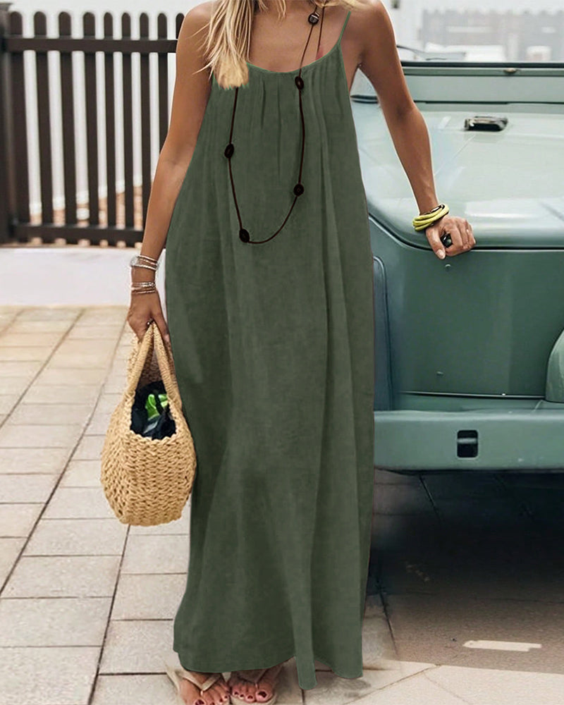 Solid Color Shirred Backless Spaghetti Strap Maxi Dress