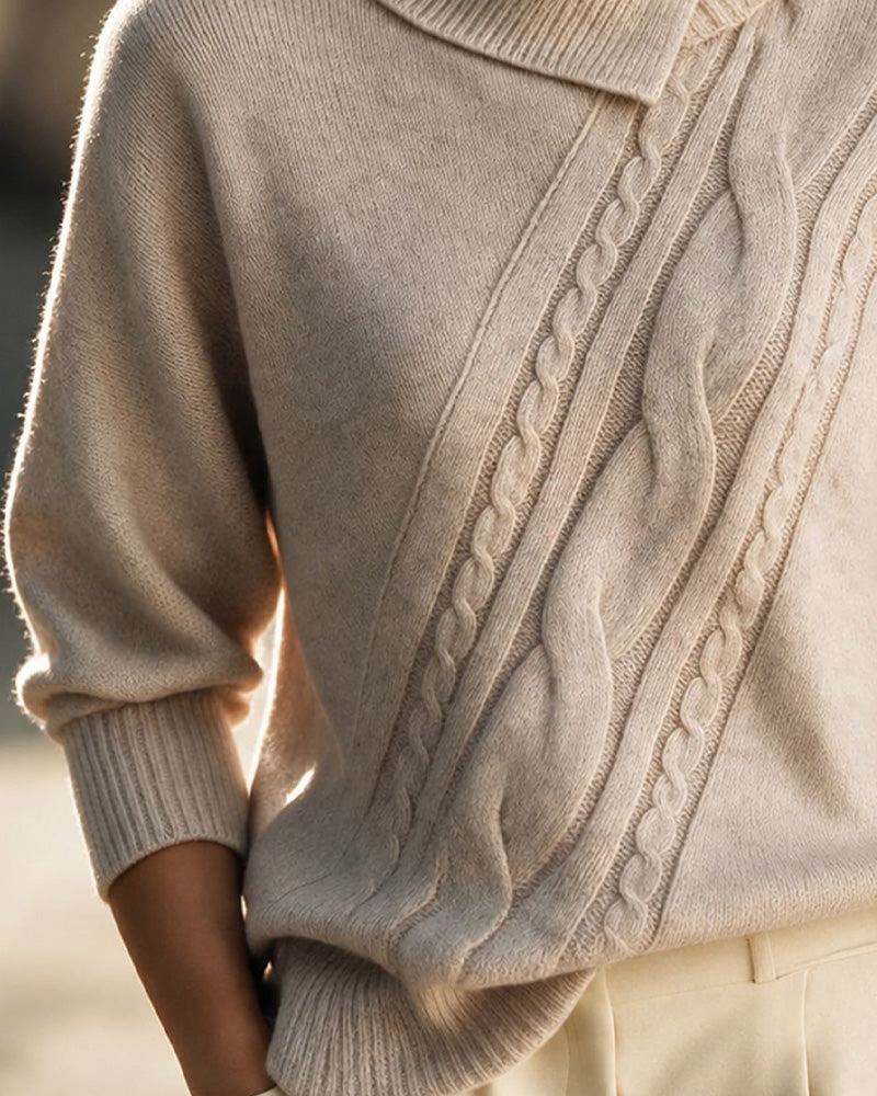 Diagonal Cable Turtleneck Button-Down Pullover