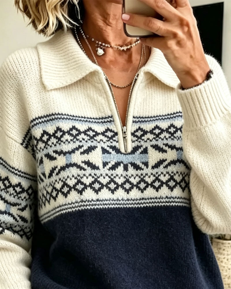 Lapel Zipper Diamond Pattern Contrast Pullover