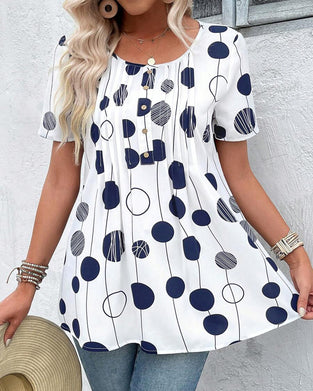 Round Neck Short Sleeve Printed Blouse