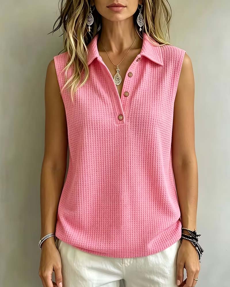 Sleeveless Polo Collar Waffle Tank Top