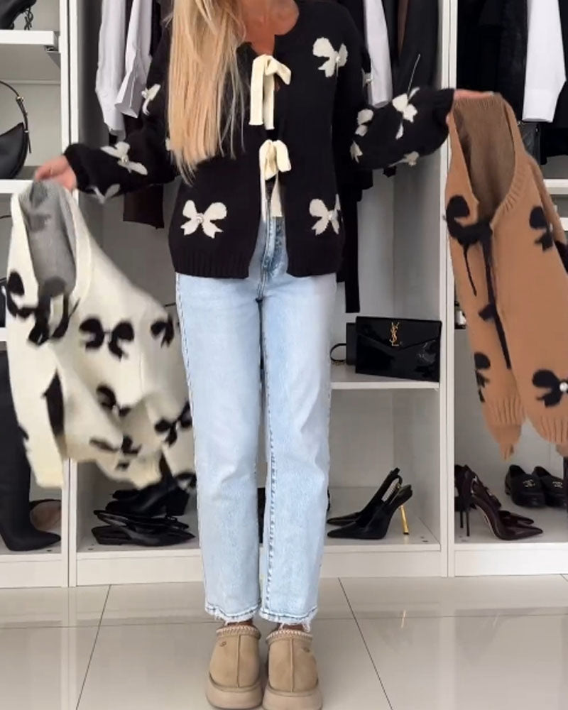 Bow beaded lace-up cardigan