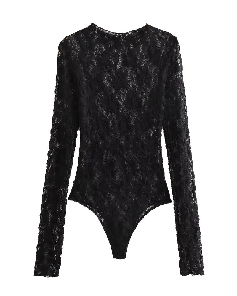 Round Neck Long Sleeve Lace Bodysuit