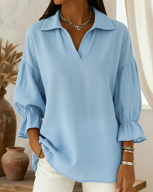 Lantern-Sleeve Ruffled-Collar Blouse