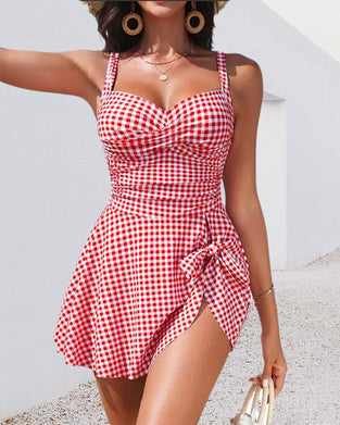 Checkered Halter Dress Bow One Piece